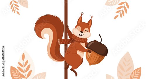 Cheerful Squirrel Holding Acorn Illustration, Autumnal Delights, Vector Art Design