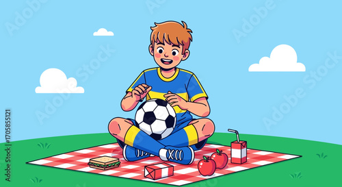 Cheerful Soccer Player Enjoying Picnic, Ball, And Sunshine With Food On A Plaid Blanket