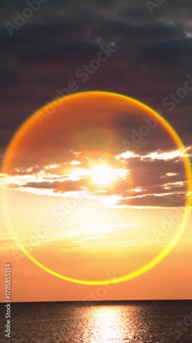 Sunrise over the sea with birds flying around