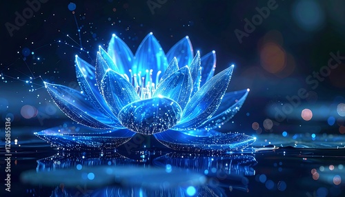 Glowing blue lotus on water