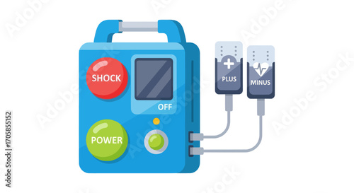 Blue Portable Defibrillator with Shock Button and Electrode Pads.