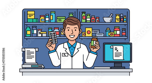 Friendly male pharmacist in a white lab coat holding medication at a pharmacy counter.