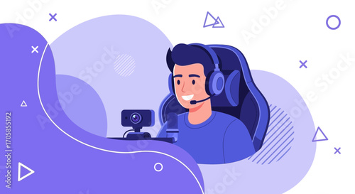 Cheerful Streamer Broadcasting Online With Microphone, Camera, and Headset Ready
