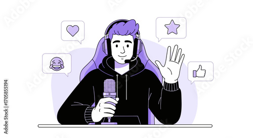 Cheerful Streamer Broadcasting Live With Microphone, Emoji Reactions And Audience Engagement
