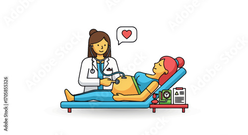 Doctor examining pregnant woman with stethoscope heart icon above medical checkup illustration.