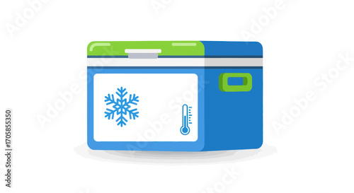 Blue and Green Portable Ice Chest with Snowflake and Thermometer.