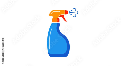 Blue plastic trigger spray bottle with an orange nozzle spraying a fine mist.