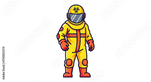 Cartoon illustration of a person in a yellow hazmat suit with biohazard symbol.