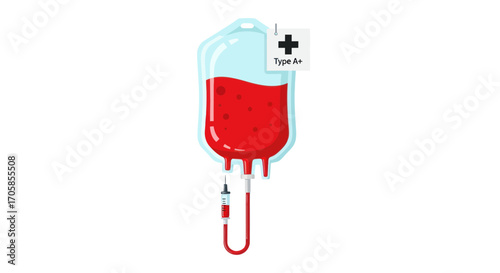 A medical blood bag illustration with red liquid for donation and transfusion showing a positive blood type label.
