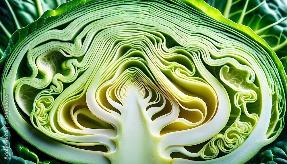 Obraz premium Cross Section Of A Green Cabbage Revealing Intricate Leaf Structure And Vibrant Colors