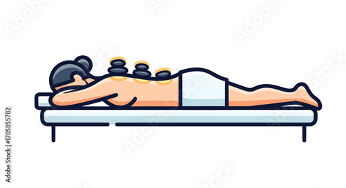 Woman receiving hot stone massage therapy on a spa table.