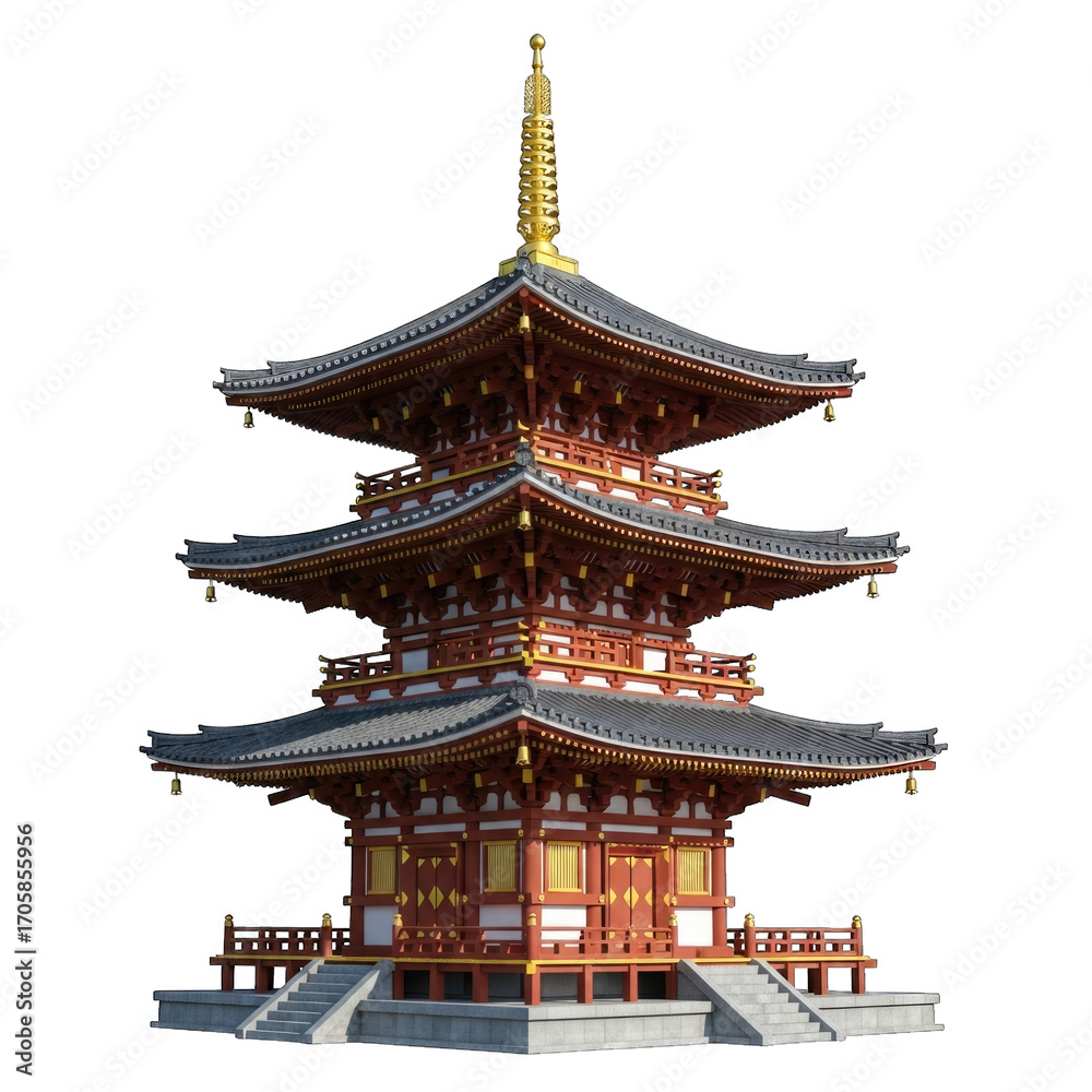 Obraz premium Detailed five-story japanese pagoda architecture majestic traditional asian temple structure transparent background