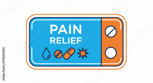 Rectangular Pain Relief Medication Blister Pack with Pills and Icons.