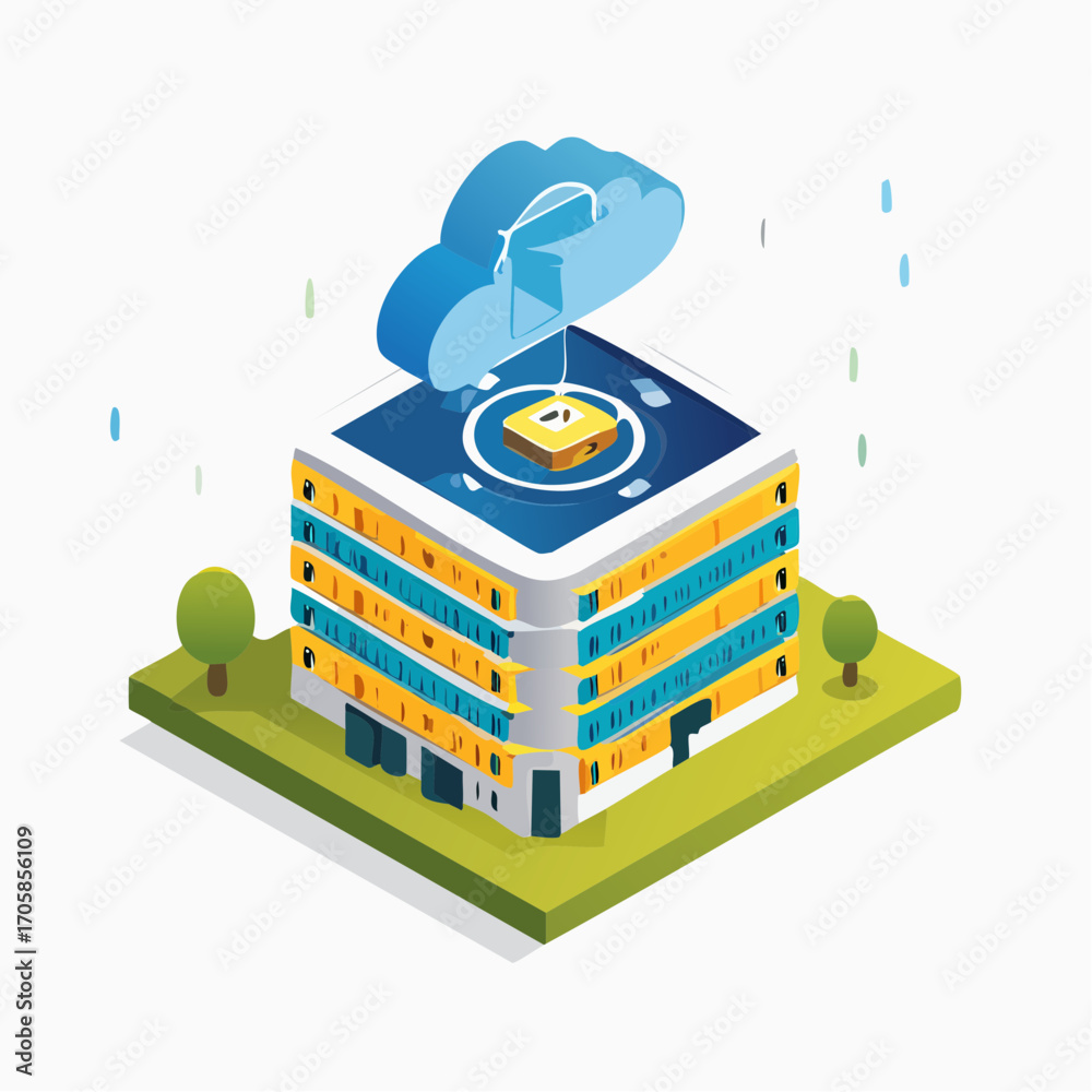 Fototapeta premium Data Transfer, Cloud Storage, Modern Building, Infographic, Digital, Aerial View, Cybersecurity