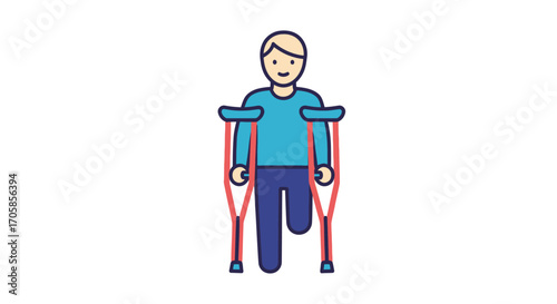 Person with crutches walking with one leg raised.
