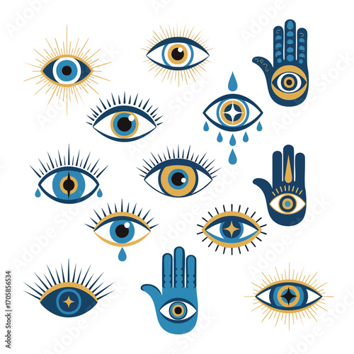 A collection of stylized blue and gold evil eye and Hamsa hand spiritual protection symbols.