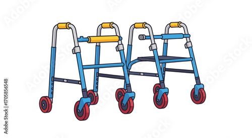 Childs Double-Frame Rolling Walker with Blue and Yellow Handles.
