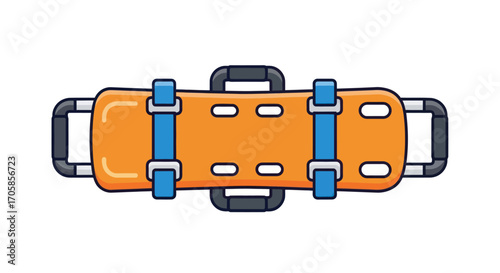 Orange Medical Stretcher with Blue Straps and Handles.