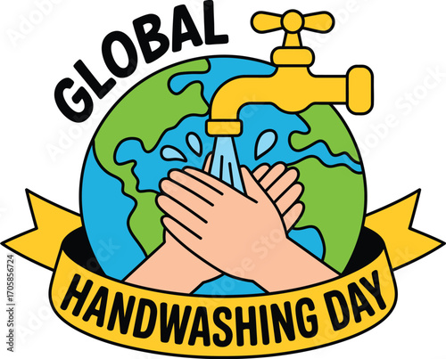 Washing hands with water from a faucet on a globe, promoting global health awareness.