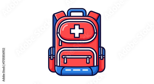 Red and Blue First-Aid Backpack Icon Illustration.