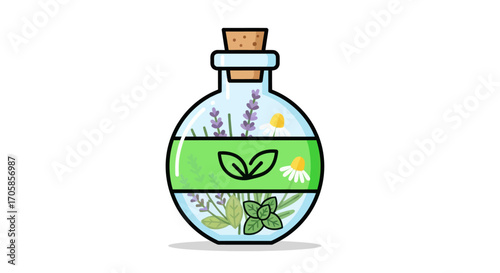 Cartoon Illustration of a Glass Bottle with Herbs and Flowers.