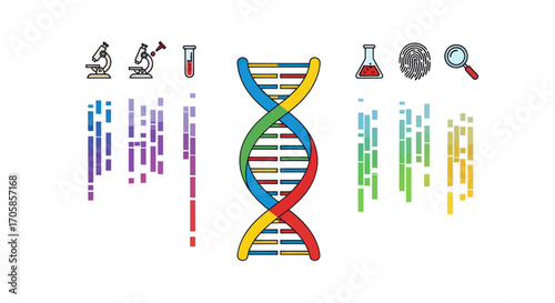 Colorful DNA double helix illustration with scientific research icons and genetic data.