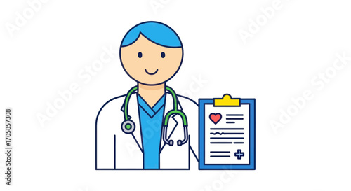 Friendly Cartoon Doctor with Stethoscope and Medical Clipboard.
