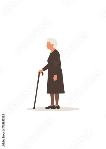 Flat vector silhouette of old woman with bun hairstyle using stick standing in relaxed posture