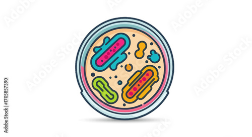 Colorful Illustration of Bacteria in Petri Dish.