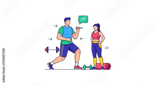 Fitness trainer guiding a woman through a workout with dumbbells.