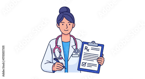Female doctor in white coat holding a prescription pad and pen.