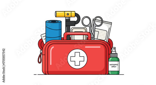 Red First-Aid Kit with Medical Supplies and Equipment.
