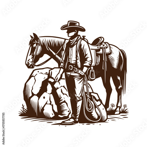 Classic Cowboy & Saddled Horse: Vintage Western Engraving Art