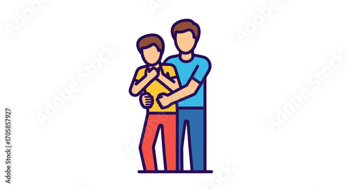 Colorful line icon of a man performing the Heimlich maneuver on a choking victim.