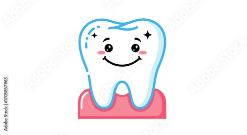 Happy Cartoon Tooth with Shiny White Enamel and Pink Gums Smiling.