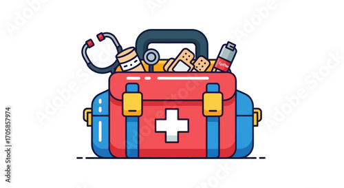 Red and Blue First-Aid Kit with Medical Supplies.