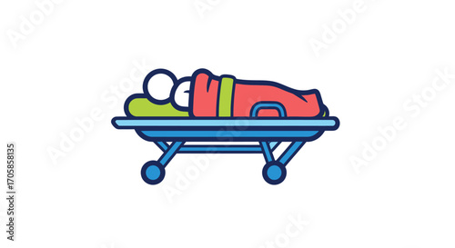 A sick cartoon patient with large eyes lying on a blue hospital gurney under a red blanket.