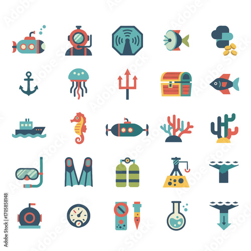 Deep Sea Exploration Symbols Colorful Flat Icon Set on White