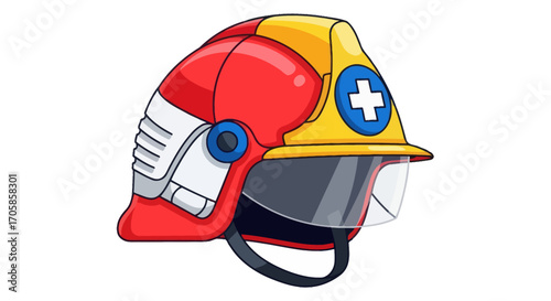 Red and Yellow Firefighter Helmet with Medical Cross.