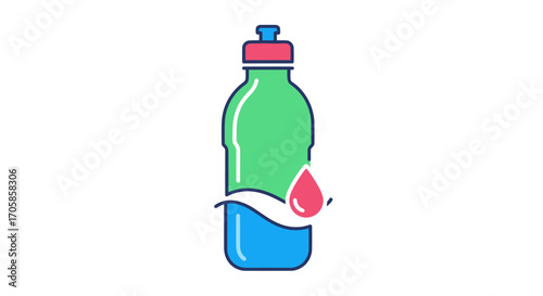 Vibrant Green Water Bottle with Blue Liquid and Red Cap.