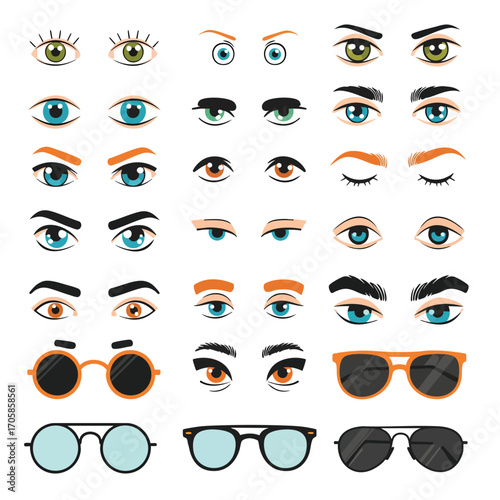 A diverse collection of illustrated cartoon eyes eyebrows and sunglasses for character creation.