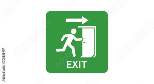 Green emergency exit sign with a running person pictogram arrow and door indicating the way out.