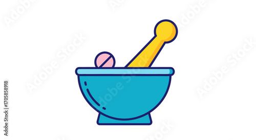 Cartoon Illustration of a Mortar and Pestle with Pill.