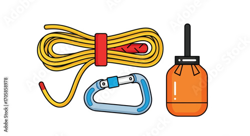 Climbing Gear Set: Yellow Rope Carabiner and Orange Chalk Bag.