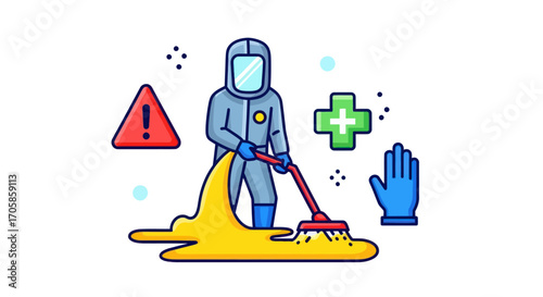 Person in Hazmat Suit Cleaning Up Yellow Spill.
