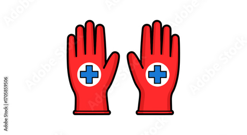 Pair of Red Medical Gloves with Blue Cross Symbol.