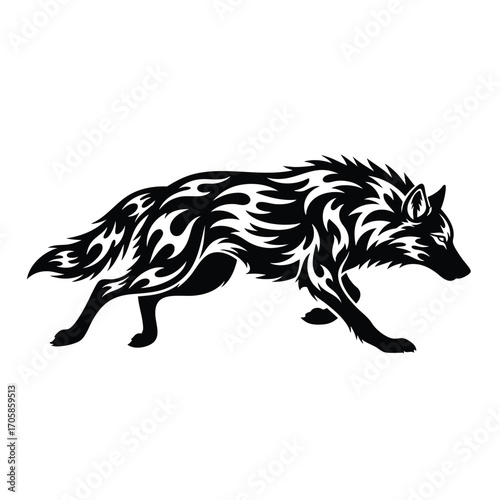 A fierce walking wolf depicted in a black tribal flame tattoo style illustration.