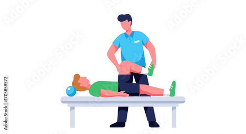 Male physical therapist assisting a female patient with leg rehabilitation on a treatment table.