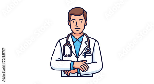 Smiling Male Doctor Cartoon Illustration with Stethoscope and Lab Coat.