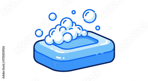 Light Blue Soap Bar with Lather and Bubbles.